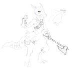  2022 3_toes 4_fingers anthro armor artlegionary axe belt bracers claws clothing feet female fingers full-length_portrait genitals gloves handwear holding_object holding_weapon horn kobold melee_weapon mostly_nude narrowed_eyes navel portrait pupils pussy satchel scalie scar sketch slit_pupils smile solo spikes standing thick_thighs toe_claws toes weapon wide_hips yellow_eyes 