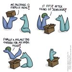  1:1 armor blue_body blue_fox_(foxes_in_love) blue_fur blue_tail box canid canine cardboard cardboard_box comic container dialogue duo english_text exclamation_point feral fox foxes_in_love fur green_body green_fox_(foxes_in_love) green_fur green_tail headgear helmet hi_res male_(lore) mammal shadow simple_background text url 