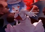  1girl :d absurdres ascot bangs bat_wings cloud fang full_moon highres looking_at_viewer moon open_mouth outdoors purple_hair red_ascot red_eyes red_moon red_nails remilia_scarlet shirt short_hair short_sleeves skin_fang skirt smile solo standing suikario touhou white_shirt white_skirt wings 