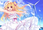  1girl :d bare_arms bare_shoulders blonde_hair blue_sky blush cloud cloudy_sky collarbone commentary_request commission day dress feathers frilled_dress frills hair_intakes hair_ribbon horizon irotoridori_no_sekai long_hair nikaidou_shinku ocean outdoors outstretched_arms purinpurin red_eyes red_ribbon ribbon ribbon-trimmed_dress skeb_commission sky sleeveless sleeveless_dress smile solo spread_arms sundress two_side_up very_long_hair water white_dress white_feathers wind_turbine 