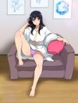  1girl arm_rest bangs barefoot black_hair couch cushion full_body hand_in_own_hair hand_up hibike!_euphonium highres knee_up kousaka_reina legs long_hair looking_at_viewer on_couch panties pantyshot parted_lips picture_frame purple_eyes purple_panties robe sash sbel02 sitting solo thighs underwear wooden_floor 