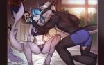  absurd_res anthro azuriae blue_hair blush boxers_only bulge clothing duo female fish hair hi_res kazuhira lingerie lotusgarden male male/female marine piercing plushie pre_sex red_vox shark smile smirk white_hair 