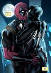  2boys artist_name ass black_bodysuit bodysuit couple deadpool french_kiss full_moon groping hand_on_another&#039;s_ass kiss male_focus marvel mask moon multiple_boys night night_sky outdoors peter_parker red_bodysuit sky spider-man spider-man_(series) thefuzzyaya tongue tongue_out two-tone_bodysuit yaoi 