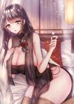  1girl 3days_lemon absurdres azur_lane breast_curtains breasts brown_legwear charybdis_(azur_lane) charybdis_(red_chamber_of_healing)_(azur_lane) cleavage feather_boa grey_eyes grey_hair hand_on_own_chest highres huge_breasts indoors leotard leotard_under_clothes long_hair mimikaki no_panties official_alternate_costume sleeveless thighhighs 