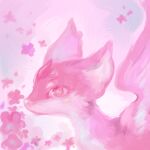  1:1 ambiguous_gender blush bust_portrait digital_media_(artwork) digital_painting_(artwork) feral floral_background fur guciliangmoli hi_res pink_background pink_body pink_eyes pink_fur pink_theme portrait raised_wings side_view simple_background solo unknown_species wings 