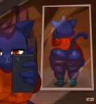  absurd_res anthro big_butt blue_body blue_fur bottomwear butt cellphone clothing domestic_cat felid feline felis female fur hi_res holding_cellphone holding_object holding_phone joaoppereiraus mae_borowski mammal mirror night_in_the_woods pants phone pupils reflection solo video_games 