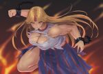  1girl blonde_hair blurry blurry_background breasts chain cleavage clenched_hand foot_out_of_frame from_above grin highres horns hoshiguma_yuugi large_breasts long_hair looking_at_viewer muscular ranma_(kamenrideroz) red_eyes serious simple_background single_horn smile solo thighs torn_clothes touhou v-shaped_eyebrows very_long_hair 