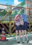  2girls backpack bag black_skirt blue_hair bottle brown_footwear building chain-link_fence cloud day fang fence full_body hair_intakes highres kneehighs kneepits kotonoha_akane kotonoha_aoi legs loafers long_hair multiple_girls neckerchief open_mouth outdoors pink_eyes pink_hair purple_neckerchief sailor_collar school_uniform scratching_cheek serafuku shirt shoes short_sleeves skirt sky smile traffic_cone voiceroid water_bottle white_legwear white_shirt yamamomo_(plank) 