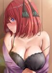  1girl absurdres bangs bare_shoulders black_bra black_underwear blue_eyes blush bra breasts cleavage collarbone commentary from_side go-toubun_no_hanayome hair_ornament highres jacket jacket_partially_removed large_breasts long_hair looking_at_viewer looking_to_the_side nakano_nino nose_blush parted_lips partially_undressed poa_mellhen purple_jacket red_hair sideways_mouth smile solo suit_jacket underwear upper_body 