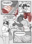  anthro bovid butcher butcher_apron butcher_shop caprine clothed clothing cooking_with_furs dialogue domestic_pig duo easymeat food gore hi_res hooves male mammal meat sheep suid suina sus_(pig) 