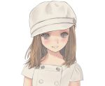  1girl :d blush brown_hair buttons cabbie_hat commentary_request double-breasted eyelashes face flat_chest grey_eyes hat lipstick long_hair looking_at_viewer makeup mocha_(snowflake) nose_blush open_mouth original shirt short_sleeves simple_background smile solo teeth upper_body white_background white_headwear white_shirt 
