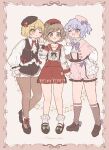  3girls ;d ;o absurdres alternate_costume bangs beret black_bow black_footwear black_headwear black_shorts black_vest blonde_hair blue_eyes blue_hair blush bobby_socks border bow bowtie brown_eyes brown_hair buttons capelet chain commentary dot_nose eyebrows_visible_through_hair footwear_bow frilled_legwear frilled_shirt frilled_shorts frilled_sleeves frills full_body green_bow green_neckerchief hand_up hat hat_bow high-waist_shorts highres jabot kneehighs long_sleeves looking_at_viewer lunasa_prismriver lyrica_prismriver mary_janes merlin_prismriver multiple_girls musical_note neck_ribbon neckerchief one_eye_closed one_side_up open_mouth pantyhose pink_capelet pink_headwear pink_shorts puffy_shorts purple_bow purple_bowtie red_bow red_headwear red_ribbon red_sailor_collar red_shorts ribbon sailor_collar sakurasaka shirt shoes short_hair shorts sleeve_bow smile sock_garters socks suspender_shorts suspenders swept_bangs symbol-only_commentary touhou vest wavy_hair white_background white_legwear white_shirt yellow_eyes 
