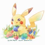  :q berry_(pokemon) closed_mouth commentary_request grey_eyes highres holding kotone11152 no_humans pikachu pokemon pokemon_(creature) smile solo standing tongue tongue_out twitter_username white_background 