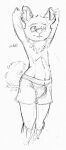  anthro biped black_and_white bulge canid canine chest_tuft elbow_tufts front_view hands_behind_head male mammal monochrome navel oselotti solo standing tuft 