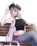  1girl :d alternate_costume animal_ears ash_kabon bangs bare_arms bare_shoulders belt bench beret black_headwear breasts camisole casual commentary_request crop_top ears_through_headwear eyebrows_visible_through_hair feet_out_of_frame gold_ship_(umamusume) grey_pants hand_up hat horse_ears large_breasts long_hair looking_at_viewer midriff navel open_mouth pants purple_eyes red_belt simple_background sitting smile solo stomach umamusume very_long_hair white_background white_hair 