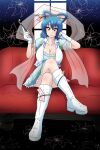  1girl blue_dress blue_eyes blue_hair boots breasts cleavage commentary_request couch crossed_legs dress full_body gloves hagoromo hair_ornament hair_rings hair_stick kaku_seiga kiseru knee_boots large_breasts looking_at_viewer pipe shawl sitting smile solo tasuro_kuzuha touhou touhou_tag_dream white_footwear white_gloves wrestling_outfit 