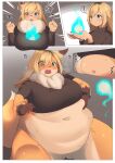  2021 absurd_res ambiguous_gender anthro black_clothing black_nose black_sweater black_topwear blonde_hair blue_eyes blush bodily_fluids bottomless breast_expansion breasts canid canine clothed clothing comic dipstick_ears duo expansion female fox fur hair hand_on_stomach hi_res human human_to_anthro leg_markings mammal markings multicolored_ears navel neko_kaminari80 obese open_mouth overweight question_mark shocked socks_(marking) solo_focus species_transformation spirit surprise sweat sweater topwear transformation weight_gain wide_hips yellow_body yellow_fur 