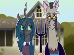  american_gothic anthro arthropod building changeling chimera clothed clothed_feral clothing day detailed_background discord_(mlp) draconequus dress duo eyewear fangs female feral friendship_is_magic front_view glasses green_eyes holding_object horn house inspired_by_formal_art looking_at_another looking_at_viewer male my_little_pony outside pitchfork pixel-prism plant queen_chrysalis_(mlp) tools tree yellow_sclera 