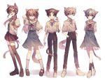  2boys 3girls :3 animal_ears arms_behind_back ayanami_rei bangs belt black_footwear black_hair black_legwear black_pants blue_eyes blue_hair breast_pocket brown_belt brown_hair cat_boy cat_ears cat_girl cat_tail closed_mouth commentary dot_nose dress_shirt expressionless eyebrows_visible_through_hair eyes_visible_through_hair fang full_body glasses green_necktie green_skirt grey_hair hair_between_eyes hair_over_shoulder hairband hand_in_own_hair hand_on_hip hands_in_pockets highres ikari_shinji interface_headset kemonomimi_mode legs_apart long_hair looking_at_viewer low_twintails makinami_mari_illustrious multiple_boys multiple_girls nagisa_kaworu neck_ribbon necktie neon_genesis_evangelion open_mouth orange_hair pants parted_lips plaid plaid_skirt pleated_skirt pocket puffy_short_sleeves puffy_sleeves rebuild_of_evangelion red-framed_eyewear red_eyes red_ribbon red_skirt ribbon school_uniform shiny shiny_hair shirasunuko shirt short_hair short_sleeves sidelocks skirt slacks smile socks souryuu_asuka_langley standing suspender_skirt suspenders tail thighhighs tokyo-3_middle_school_uniform twintails two_side_up v-shaped_eyebrows white_background white_footwear white_legwear white_shirt zettai_ryouiki 