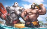  2boys abs absurdres alternate_costume animal_ears arknights bara blue_male_swimwear bulge chest_tattoo clothes_lift commission crossover erection feet_out_of_frame furry furry_male gun helmet highres holding holding_gun holding_surfboard holding_weapon large_hands large_pectorals large_testicles lindong looking_at_viewer male_focus male_pubic_hair male_swimwear male_swimwear_aside mature_male mountain_(arknights) multiple_boys muscular muscular_male navel nipples no_male_underwear over_shoulder pectorals pubic_hair rainbow_six_siege red_male_swimwear scar scar_across_eye scar_on_arm scar_on_face scar_on_stomach second-party_source shirt_lift short_hair stomach surfboard swim_trunks tachanka_(rainbow_six_siege) tank_top tattoo testicles tiger_boy tiger_ears topless_male uncensored wading weapon weapon_over_shoulder wet wet_clothes white_fur white_tank_top wristband 