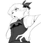  1girl ascot bangs bow collared_shirt frogsnake greyscale hair_bow hand_on_hip looking_ahead monochrome open_mouth rumia sharp_teeth shirt short_hair short_sleeves solo teeth touhou vest 