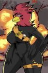  anthro avian beak bird breasts chick-a-boom chicken digital_media_(artwork) explosion explosives female fur galliform gallus_(genus) hand_on_hip hi_res looking_down nipples nude phasianid rosededax smile solo solo_focus standing the_pizza_company weapon_holster 