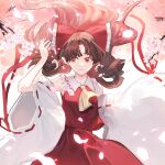  1girl arm_up ascot backlighting bow branch brown_hair cherry_blossoms detached_sleeves frills glowing_petals hair_bow hair_tubes hakurei_reimu highres kotaro-nosuke long_hair looking_to_the_side petals red_bow red_eyes red_shirt red_skirt ribbon-trimmed_sleeves ribbon_trim shirt simple_background skirt skirt_set solo touhou white_background wide_sleeves wind 