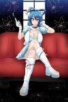  1girl black_choker blue_dress blue_eyes blue_hair boots breasts choker cleavage commentary_request couch crossed_legs dress full_body gloves hair_ornament hair_rings hair_stick kaku_seiga kiseru knee_boots large_breasts looking_at_viewer pipe shawl sitting smile solo tasuro_kuzuha touhou touhou_tag_dream white_footwear white_gloves wrestling_outfit 