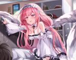  1girl acchii_(akina) azur_lane bare_shoulders blurry blurry_background breasts cleavage commentary_request dress eyebrows_visible_through_hair frilled_hairband frills hairband highres key key_necklace long_sleeves low_twintails medium_breasts open_mouth perseus_(azur_lane) pink_eyes pink_hair sweat twintails white_dress wings 