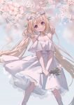  1girl absurdly_long_hair ahoge bare_shoulders bird_girl blonde_hair blue_hair blurry blurry_background blush bow branch breasts cherry_blossoms cleavage dress enna_alouette eyelashes flower frilled_dress frills hair_flower hair_ornament head_wings highres holding holding_flower long_hair looking_at_viewer low_twintails multicolored_hair nijisanji nijisanji_en purple_bow purple_eyes short_sleeves sky small_breasts smile solo sop_side_j twintails very_long_hair virtual_youtuber white_dress wind 