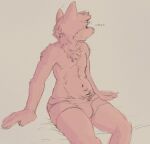  anthro biped bulge chest_tuft claws clothing finger_claws front_view hair male navel oselotti short_hair signature simple_background sitting sketch smile solo tuft underwear 