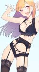  1girl :d armpits arms_up ass_visible_through_thighs bangs black_bra black_garter_belt black_legwear black_panties blonde_hair blurry blush bra breasts claw_pose collarbone contrapposto cowboy_shot ear_piercing earrings eyebrows_visible_through_hair garter_belt gradient_hair happy highres jewelry kitagawa_marin lace lace-trimmed_bra lace-trimmed_legwear lace_panties lace_trim lingerie long_hair looking_at_viewer medium_breasts multicolored_hair multiple_piercings nail_polish navel panties piercing red_eyes red_nails simple_background smile solo sono_bisque_doll_wa_koi_wo_suru standing teeth thighhighs thighs underwear upper_teeth yan_wan 