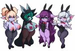  big_breasts blonde_hair breast_size_difference breasts bunny_costume clothed clothing costume female gesture group hair hi_res huge_breasts league_of_legends lulu_(lol) marshort pasties poppy_(lol) riot_games short_stack tristana_(lol) v_sign vex_(lol) video_games yordle 