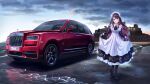  1girl apron black_footwear black_legwear car dress frilled_dress frills ground_vehicle gundou_mirei highres long_hair looking_at_viewer maid maid_apron maid_headdress motor_vehicle nijisanji pantyhose png_pant_(bus) purple_eyes purple_hair rolls-royce solo 