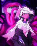  2022 angiewolf anthro blurred_background breasts clothing collar featureless_breasts female fur hair hair_over_eye hi_res jacket one_eye_obstructed solo topwear undressing unknown_species 