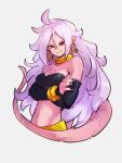  1girl android_21 bare_shoulders black_nails breasts cleavage colored_skin crossed_arms dragon_ball dragon_ball_fighterz earrings fingernails hair_between_eyes hoop_earrings jewelry kemachiku long_hair looking_at_viewer majin_android_21 medium_breasts nail_polish navel pink_hair pink_skin red_eyes smile solo tail upper_body 