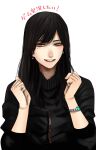  1girl black_hair black_sweater earrings hands_up highres hoshi_san_3 jewelry long_hair looking_at_viewer mole mole_under_eye original parted_lips simple_background smile solo sweater watch white_background wristwatch 