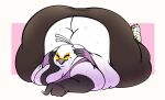 2021 accipitriform aggressive_retsuko anthro avian beak big_butt bird bodily_fluids breasts butt butt_cleavage clothed clothing eyelashes eyes_closed feathers female hi_res huge_butt morbidly_obese morbidly_obese_anthro morbidly_obese_female non-mammal_breasts obese obese_anthro obese_female overweight overweight_anthro overweight_female sanrio secretary_bird secretary_washimi simple_background smokii solo sweat white_body white_feathers 