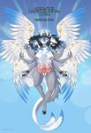  2022 6_arms 6_breasts 6_wings after_transformation angel anthro avian beak big_breasts breasts canid dialogue digital_media_(artwork) dragon english_text feathered_wings feathers flying fur genitals grey_body grey_fur halo hooves horn hybrid intersex mammal multi_arm multi_breast multi_eye multi_limb multi_wing nipples penis simple_background smile solo strawberrytfs teats text udders wings 