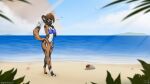  &lt;3 2022 african_wild_dog anthro arthropod barefoot beach bikini bikini_bottom bikini_top breasts brown_body brown_fur brown_hair canid canine cleavage clothed clothing crab crustacean decapoda digital_media_(artwork) feet female fur hair hi_res malacostracan mammal marine navel sand seaside signature smile solo standing stargazer swimwear water 