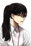  1girl alternate_hairstyle black_hair collared_shirt grey_eyes highres hoshi_san_3 long_hair mole mole_under_eye mole_under_mouth office_lady original parted_lips ponytail shirt simple_background solo upper_body white_background white_shirt wing_collar yamifuka-san_(hoshi_san_3) 