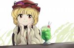  1girl aki_minoriko blonde_hair blush chair cherry drink eyebrows eyebrows_visible_through_hair food fruit fruit_hat_ornament grapes red_eyes red_headwear rice smile solo street_dog table touhou wheat 