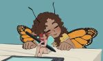  2022 5_fingers antennae_(anatomy) blush brown_hair cupcakesama drawing_tablet duo fairy female fingers freckles hair hi_res holding_tablet_pen humanoid insect_wings micro red_hair rose_pantilion simple_background sitting smile winged_humanoid wings 