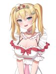  1girl :d absurdres ahoge akai_haato blonde_hair blue_eyes blush breasts choker cleavage dress hair_ornament highres hololive large_breasts looking_at_viewer open_mouth short_twintails smile tiara twintails virtual_youtuber white_choker white_dress woogi 