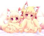  2girls animal_ear_fluff animal_ears ass barefoot bed bell blonde_hair breasts censored feet fox_ears fox_girl fox_tail hair_ornament highres jingle_bell knees_apart_feet_together knees_up kuwada_yuuki leaning_back legs legs_up lying mosaic_censoring multiple_girls navel nipples on_back original pillow pussy red_eyes short_hair sitting small_breasts soles spread_legs spread_pussy tail thighs toes 