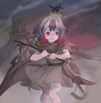  1girl animal_on_head arknights bird bird_on_head black_hair brown_cape brown_dress brown_eyes cape cloud cloudy_sky colored_tips crossbow dress feet_out_of_frame fengyin_shici_guozi grey_hair hair_intakes hat highres holding holding_stick knees_together_feet_apart long_hair multicolored_hair official_alternate_costume on_head outdoors red_hair sky snowsant_(arknights) snowsant_(fated_hero)_(arknights) solo standing stick two-tone_hair witch_hat 
