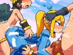  1girl 3boys ^^^ arm_belt blue_bodysuit blue_sky blush bodysuit breast_sucking breasts clothed_female_nude_male cowgirl_position crossover dark_pit day elbow_gloves fellatio fingerless_gloves fire_emblem from_side gangbang gloves grey_gloves group_sex head_grab hetero highres irrumatio kid_icarus large_breasts long_hair marth_(fire_emblem) metroid multiple_boys nude oral outdoors penis pit_(kid_icarus) ponytail profile rariatto_(ganguri) samus_aran sex sky spitroast straddling sweat torogao torso_grab triple_penetration 