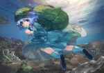  1girl backpack bag blue_eyes blue_hair blush bubble creeper_(gametime) eyebrows_visible_through_hair fish green_headwear highres kawashiro_nitori light_rays open_mouth pocket skirt solo swimming touhou underwater water 