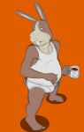 anthro barefoot briefs brown_body brown_fur bulge clothing coffee_cup container cup english_text feet fur hare lagomorph leporid male mammal mature_anthro mature_male nintendo orange_background overweight overweight_anthro overweight_male peppy_hare shadow shirt simple_background slightly_chubby solo star_fox tan_body tan_fur tank_top text thegreatmatsutzu tighty_whities topwear underwear video_games white_background white_briefs white_clothing white_shirt white_tank_top white_topwear white_underwear 