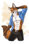  2022 5_fingers absurd_res anthro belt blue_eyes bottomwear canid canine clothed clothing eyebrows fingers fox fur gradient_background hi_res leo-artis male mammal pants raised_eyebrow scott_(scottthefox94) signature simple_background smile solo topless topless_anthro topless_male triangle_(shape) 